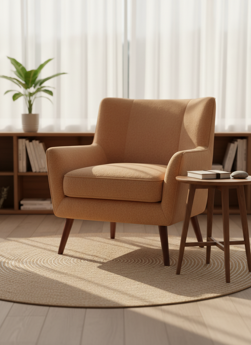 A calm therapy room corner centered around an empty, soft-textured armchair upholstered in warm sand-colored fabric, with a small round wooden side table holding a closed linen-covered notebook and a smooth river stone. The chair is placed on a light woven rug, near a large window with sheer white curtains that gently diffuse late-afternoon natural light, casting soft shadows and a golden glow. In the blurred background, a low bookcase with neatly arranged psychology books and a single green plant adds depth. Photographic realism at eye level with a shallow depth of field creates an inviting, professional, and safe atmosphere, symbolizing a warm space where stories can quietly land.